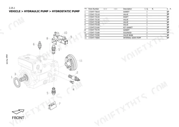Yanmar V7 hydrostatic pump exploded view diagram with parts list including valves, gaskets, solenoid, and gear pump.