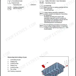 Yanmar V70S service manual page for removing and installing the lubricating oil pan with exploded view diagram.