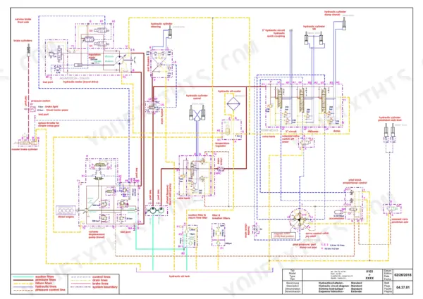 Yanmar V70S hydraulic system schematic showing travel drive, valve banks, cylinders, and pump circuits.