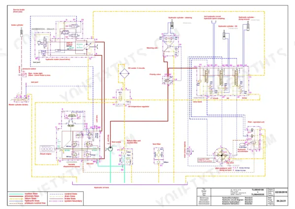 Yanmar V80, Wheel Loader hydraulic system diagram showing travel drive, valve bank, steering unit, and pump circuits.