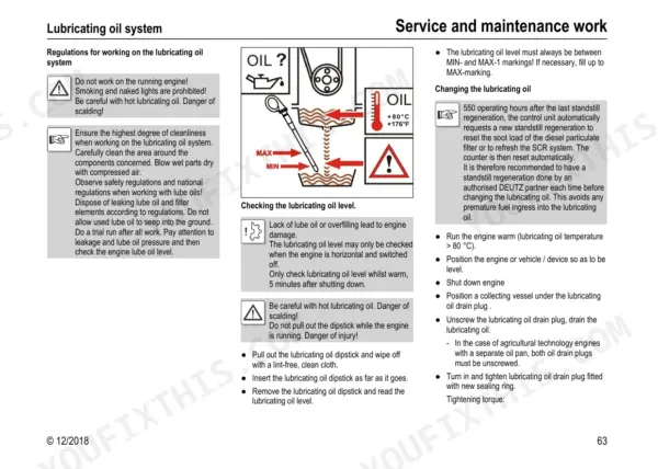 Yanmar V80, Wheel Loader lubricating oil system maintenance, dipstick level check diagram, and oil change procedure steps.
