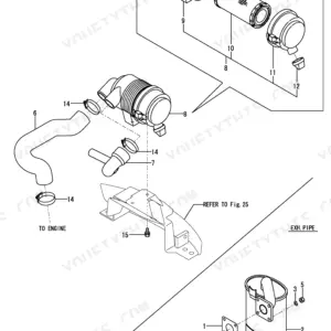 Yanmar Vio10-2 exploded view of air cleaner assembly, intake pipes, and exhaust pipe components with numbered parts list.