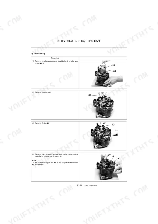Yanmar ViO10-2A hydraulic gear pump disassembly procedure steps 1-4 showing bolt, coupling, and O-ring removal.