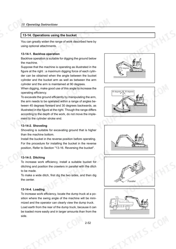 Yanmar ViO10, ViO10 (EP) operating instructions for backhoe, shoveling, ditching, and loading bucket techniques.
