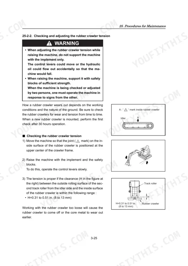 Yanmar ViO10, ViO10 (EP) procedure for checking and adjusting rubber crawler tension with clearance specifications.
