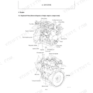 Yanmar ViO12-2A engine exploded view showing fuel pump, alternator, cooling fan, and major engine components.