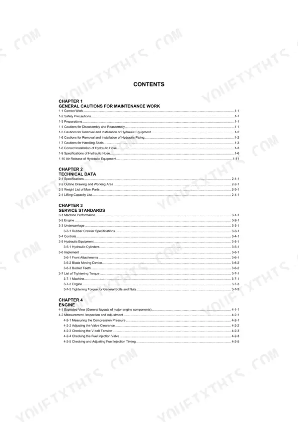 Yanmar ViO12 service manual table of contents covering maintenance, technical data, service standards, and engine sections.