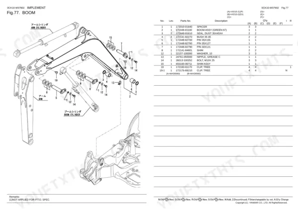 Yanmar Vio15-2 exploded view diagram and parts list for the boom assembly, including pins, bushings, and grease nipples.