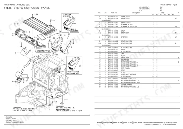 Yanmar Vio15-2 exploded view diagram and parts list for the step and instrument panel assembly.