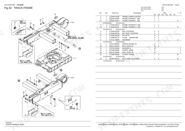 Yanmar Vio15-2 exploded view diagram and parts list for the track frame assembly including bolts, nuts, and guards.