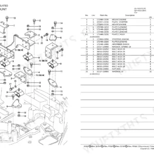 Yanmar Vio15-2 engine mount exploded view diagram and parts list showing shock absorbers, plates, bolts, and nuts.