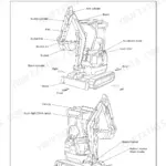 Yanmar ViO15-2 machine overview diagram identifying boom, bucket, arm, cylinders, blade, crawler, and operator controls.