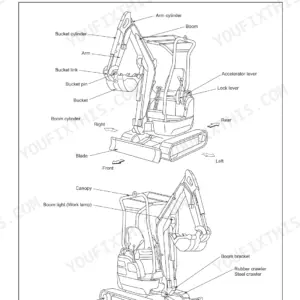 Yanmar ViO15-2 machine overview diagram identifying boom, bucket, arm, cylinders, blade, crawler, and operator controls.