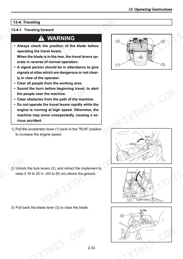 Yanmar ViO15-2 operating instructions for traveling forward, including safety warnings and lever operation diagrams.