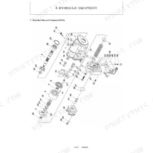 Yanmar ViO15-2 hydraulic equipment exploded view showing pump components, cylinder block, and internal assembly parts.