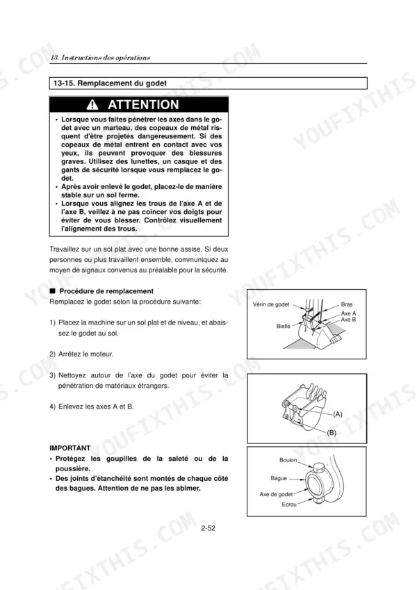 Yanmar ViO15-2, VIOB- bucket replacement procedure, safety warnings, and component diagrams for pins, bushings, and bolts.
