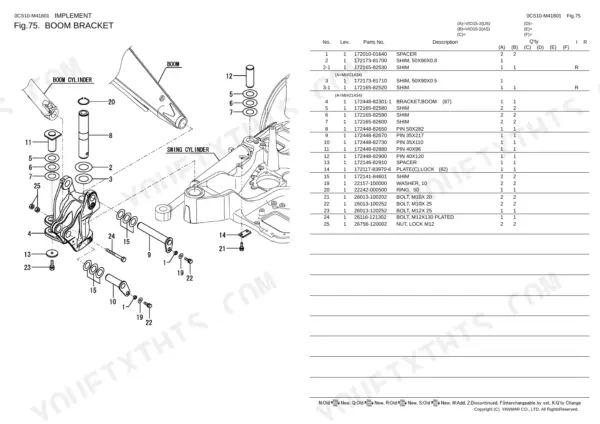 Yanmar Vio15-2(US), Vio15-2(AS), 3TN68-EBVA boom bracket exploded view parts diagram and list with pins, shims, and bolts.