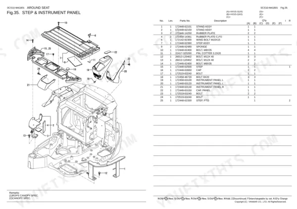 Yanmar Vio15-2(US), Vio15-2(AS) parts diagram and list for step and instrument panel assembly components.