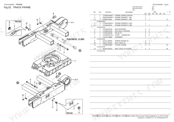 Yanmar Vio15-2(US), Vio15-2(AS), Vio15-2, 3TN68-EBVA track frame exploded view diagram and parts list.