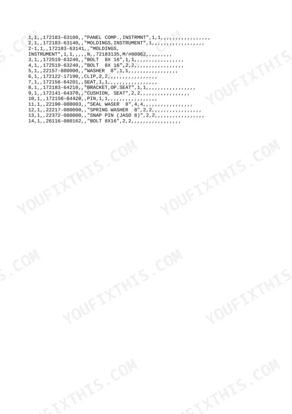 Instrument panel, moldings, and operator seat components parts list