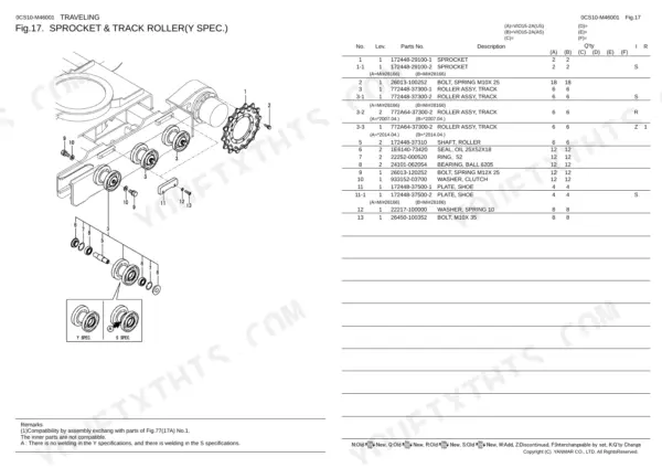 Yanmar VIO15-2A exploded view of sprocket and track roller assembly with parts list and component identifiers.