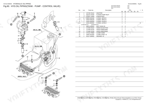 Yanmar VIO15-2A hydraulic oil piping diagram showing tank, pump, and control valve connections with parts list table.