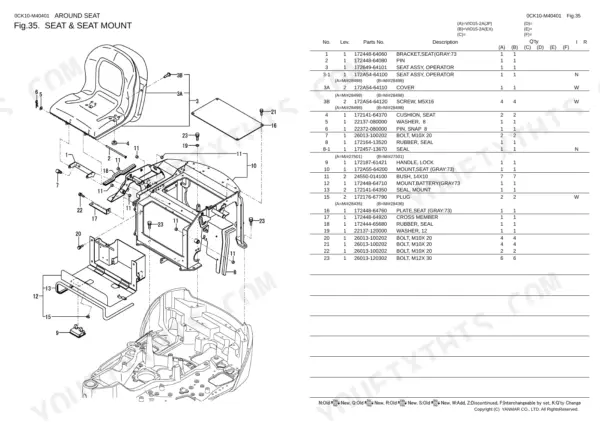 Yanmar Vio15 exploded view diagram and parts list for seat and seat mount assembly.