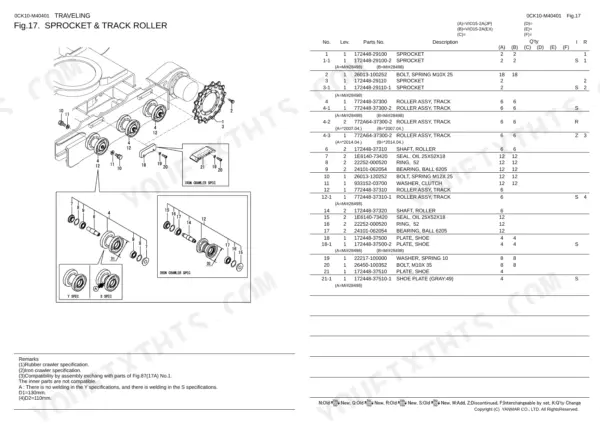 Yanmar Vio15 exploded view of sprocket and track roller assembly with parts list table.