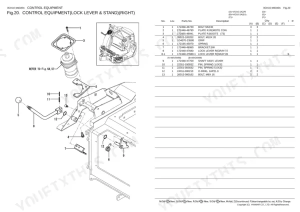 Yanmar Vio15 exploded view of right control equipment, lock lever, and stand components.