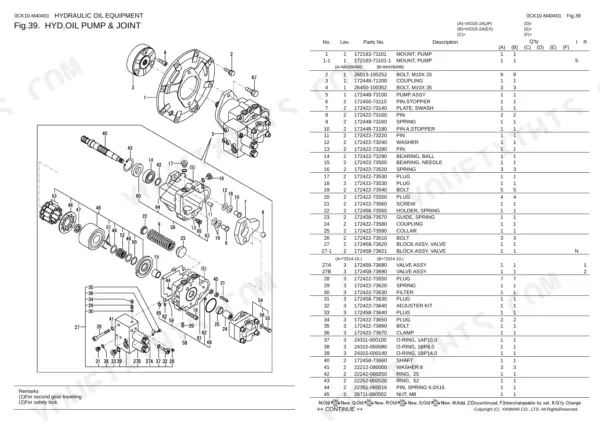 Yanmar Vio15 hydraulic oil pump and joint exploded view diagram and parts list.