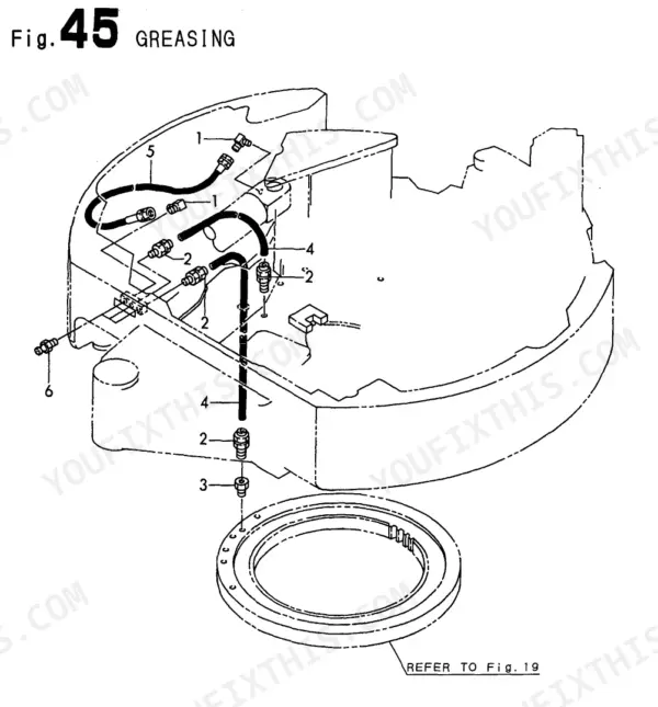 Yanmar VIO15 (EP), VI015 (EP), 3TNE68L - UBB Fig 45 greasing diagram showing swing circle lubrication lines.