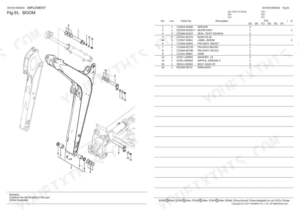 Yanmar VIO17-A, 3TNV74F-SPBV boom assembly exploded view diagram and parts list with pins, bushings, and seals.