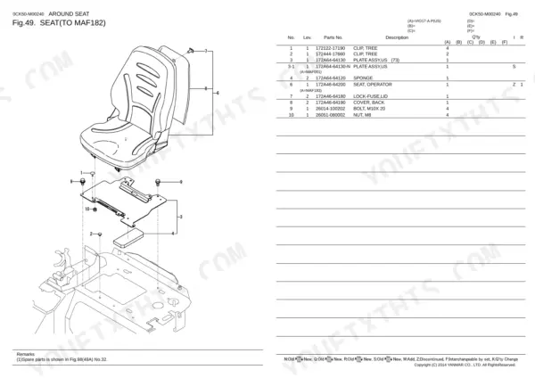 Yanmar VIO17-A, 3TNV74F-SPBV exploded view diagram and parts list for operator seat assembly and mounting hardware.