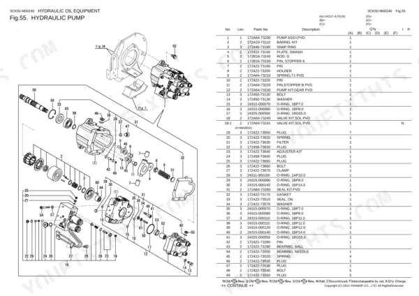 Yanmar VIO17-A, 3TNV74F-SPBV hydraulic pump exploded view diagram and parts list with component reference numbers.