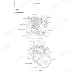 Yanmar ViO17 engine exploded view showing fuel pump, cooling fan, alternator, starter motor, and manifold components.