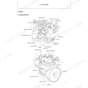 Yanmar ViO17 engine exploded view showing fuel pump, cooling fan, alternator, starter motor, and manifold components.