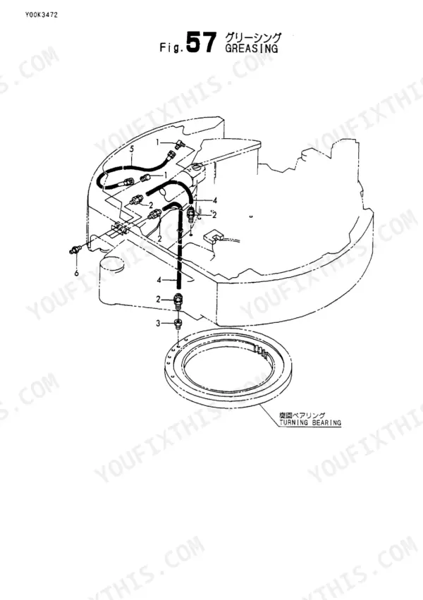 Yanmar VIO20-1 greasing system diagram showing grease lines, fittings, and the turning bearing assembly.