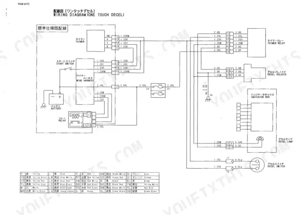 Yanmar VIO20-1 wiring diagram for one-touch decel system including timer relay, decel solenoid, and indicator box.