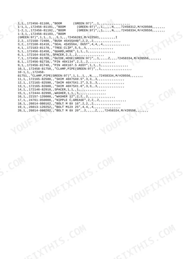Yanmar Vio20-2 parts list for boom assembly including pins, shims, seals, and bolts with part numbers.