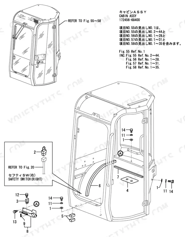 Yanmar Vio20-2 cabin assembly exploded view diagram showing safety switch, mounting hardware, and frame components.