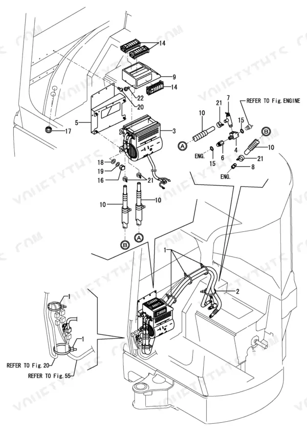 Yanmar Vio20-2 exploded view of heater unit, hoses, and cabin control panel components with numbered parts list.
