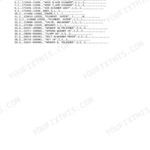 Yanmar Vio20-2 parts list for air cleaner assembly, including hoses, element, unloader valve, and mounting hardware.
