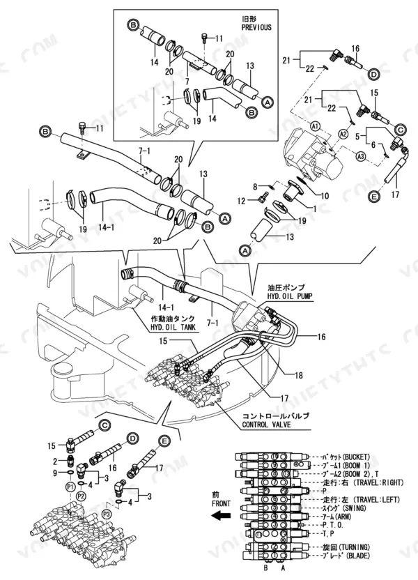 Yanmar Vio20-2 hydraulic oil pump, tank, and control valve piping diagram with numbered parts and hose connections.