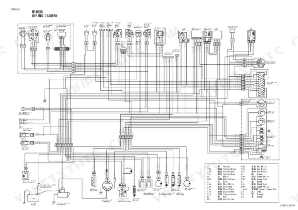 Yanmar Vio20-2 electrical wiring diagram showing cabin, fuse box, indicator box, engine sensors, and wire color codes.