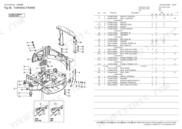 Yanmar ViO20-2 parts catalog — turning frame assembly components
