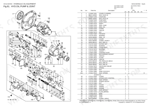 Yanmar ViO20-2 parts catalog — hydraulic oil pump and joint exploded view