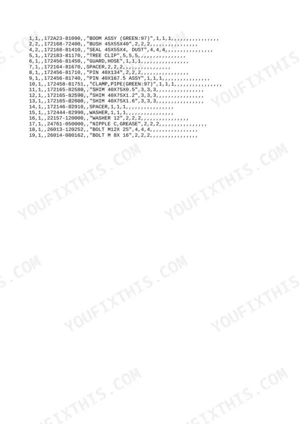 Yanmar Vio20-3 parts list for boom assembly including bushings, seals, pins, shims, and bolts with part numbers.