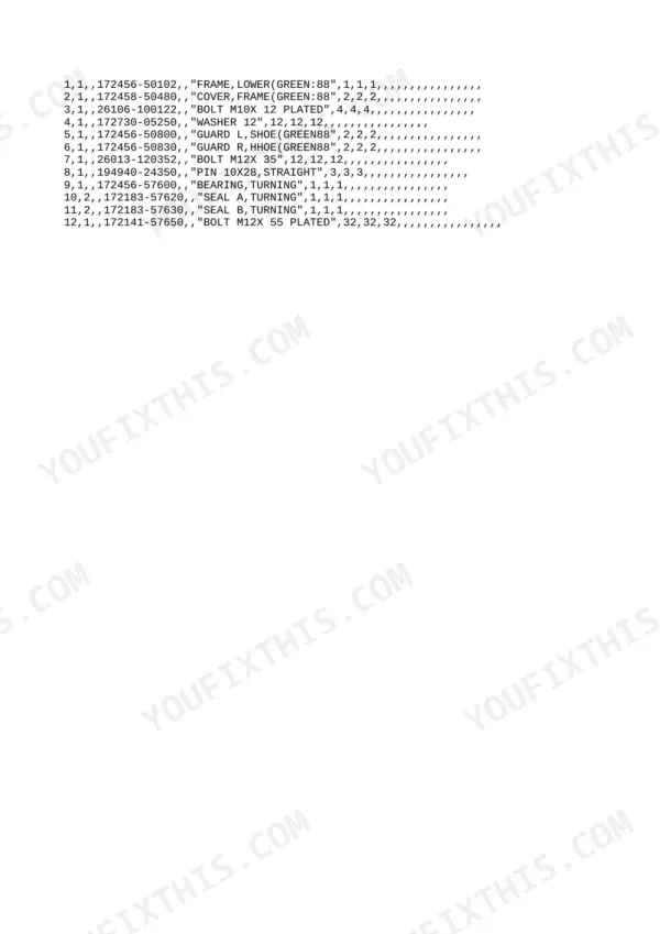 Yanmar Vio20-3 parts list for lower frame, turning bearing, and seals with part numbers and hardware specifications.