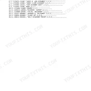 Yanmar Vio20-3 parts list for air cleaner assembly, including hoses, clamps, bolts, and unloader valve components.