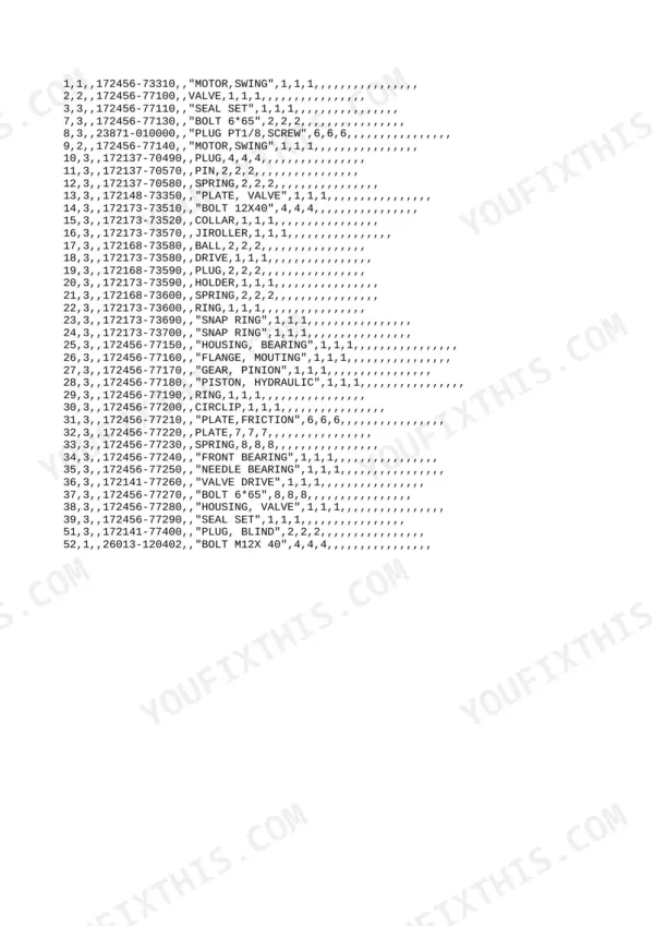 Yanmar Vio20-3 parts list for swing motor components including valve, piston, gear, and bearing part numbers.